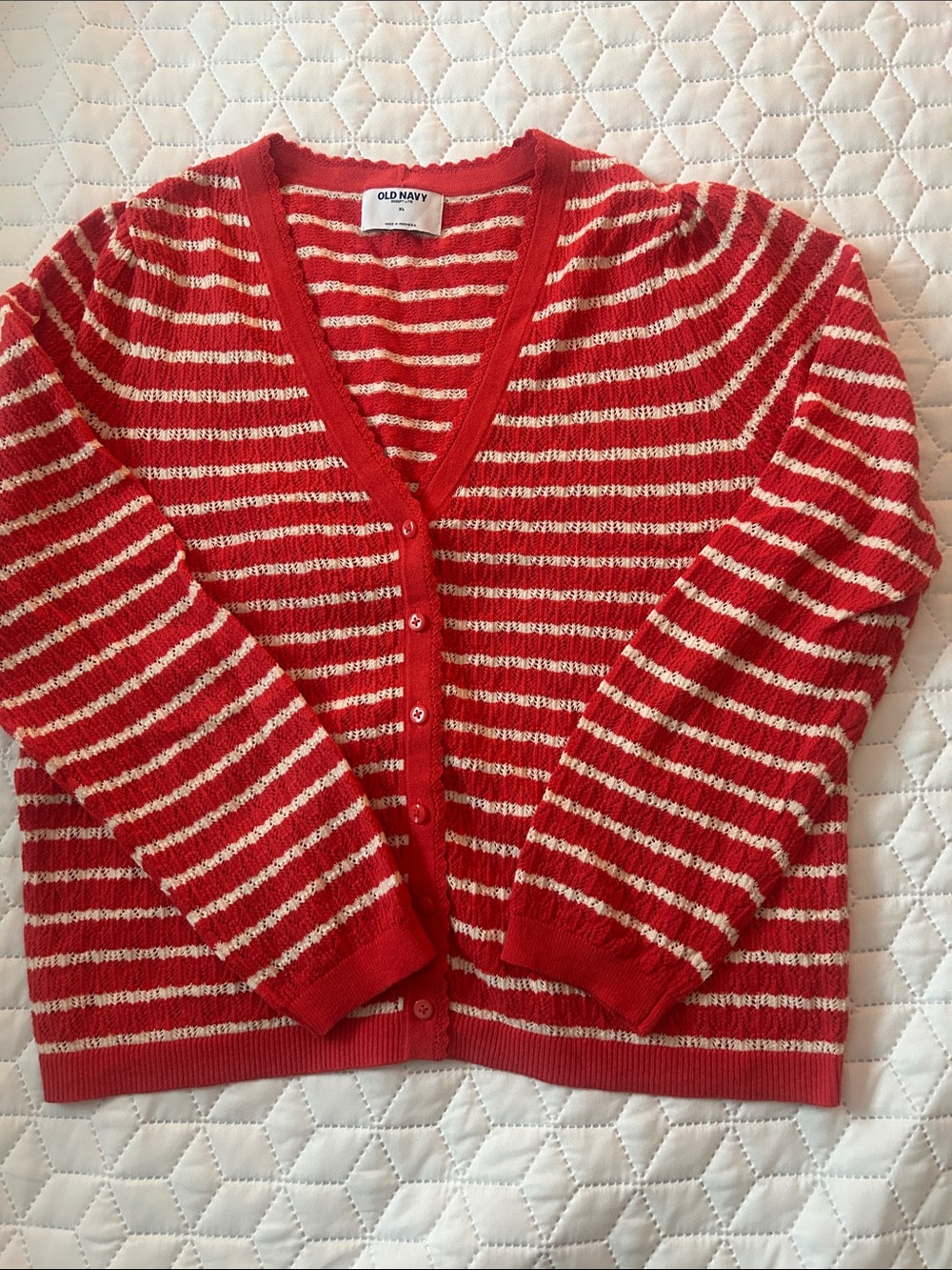 Old Navy Red & Cream Striped Button-Front V-Neck Cardigan
